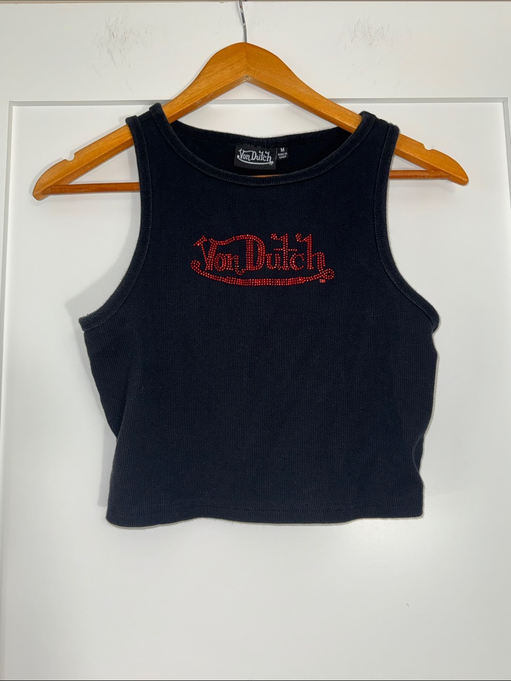 Von Dutch Black Cropped Ribbed Tank with Red Rhinestone Logo Sz Medium Y2K
